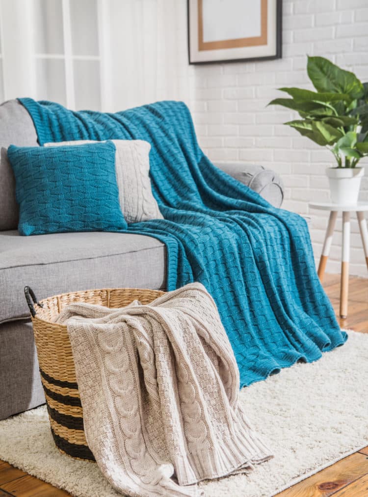 sofa with blue plaid in the interior near the window