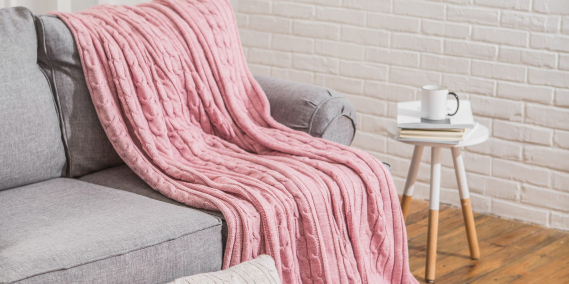 sofa with pink plaid in the interior near the window