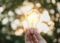 Hand of person holding light bulb for idea or success or solar energy concept.