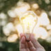 Hand of person holding light bulb for idea or success or solar energy concept.