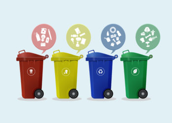 Different Colored wheelie bins set with waste icon, illustration of waste management concept