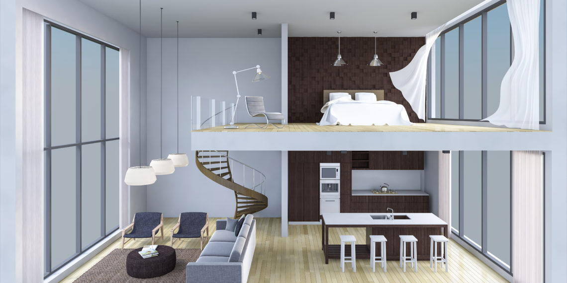 3Ds rendered image of double space apartment in living box,White fabric curtains being blown by wind, perspective view in day light