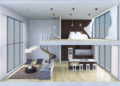 3Ds rendered image of double space apartment in living box,White fabric curtains being blown by wind, perspective view in day light