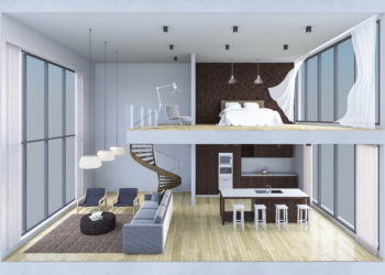 3Ds rendered image of double space apartment in living box,White fabric curtains being blown by wind, perspective view in day light