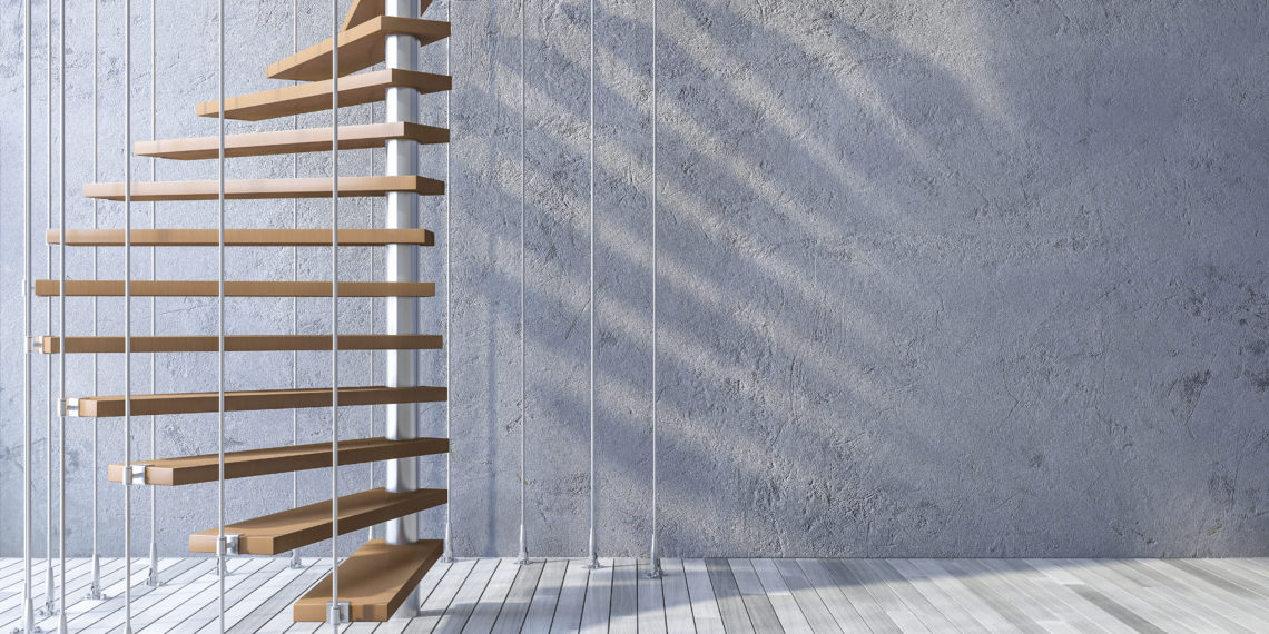 3ds rendered image of wooden spiral staircase hanged from ceiling by stainless cables, shadow on cracked concrete wall and old wooden floor