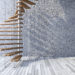 3ds rendered image of wooden spiral staircase hanged from ceiling by stainless cables, shadow on cracked concrete wall and old wooden floor