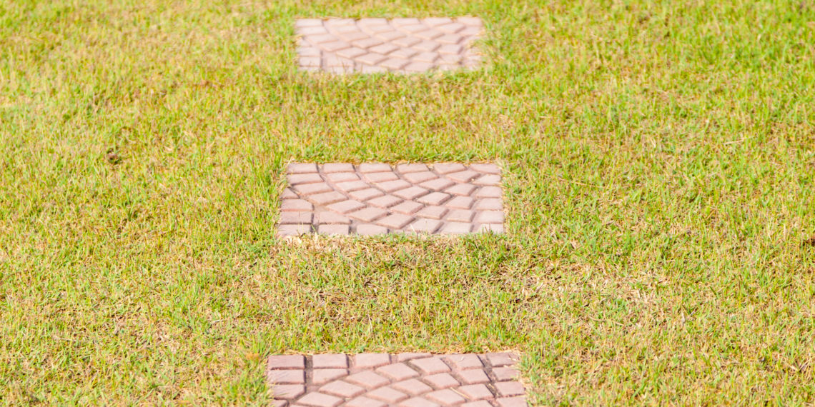 Garden walkways facing rectangular plate placed on the lawn in the garden.