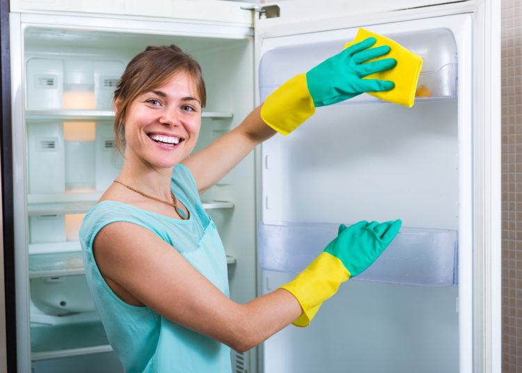 Cheerful smiling girl wiping fridge parts with lint-free rag