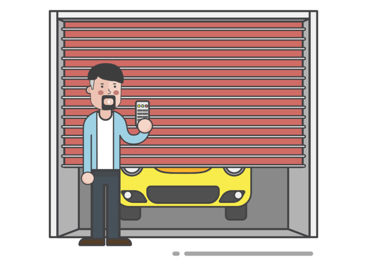 Guy holding the garage door remote vector, automatic garage door