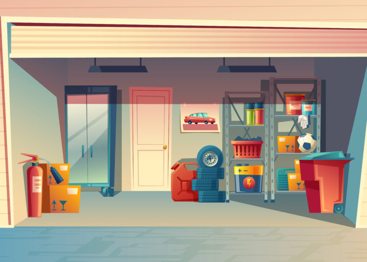 Vector cartoon illustration of automatic garage doors interior.