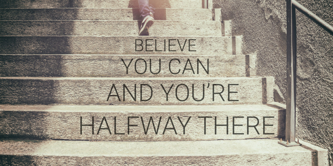Inspirational quote on woman walk on stair background with vintage filter