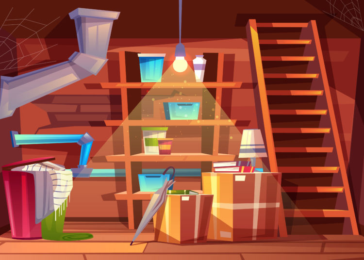 Vector cellar interior, storage of clothing inside the basement in cartoon style. Storeroom with shelves, furniture, pipeline. Illuminated by light of lamp bulb. Architecture background of storehouse