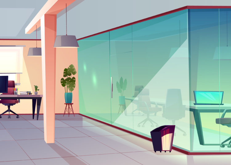 Vector cartoon illustration of bright office, modern workplace with transparent glass wall and tile floor. Corporate space for job with furniture and green plants, business cabinet for professionals.