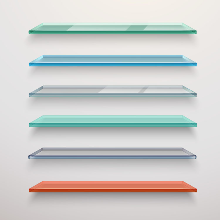 Realistic colored transparent glass wall shelves set isolated vector illustrationRealistic colored transparent glass wall shelves set isolated vector illustration