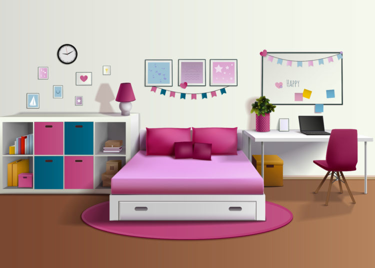 Girl room realistic interior with pink bed chair bookshelf photo frames desk laptop pillows carpet vector illustration