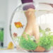 A woman's hand is decorating the aquarium in a fishbowl as a hobby.
