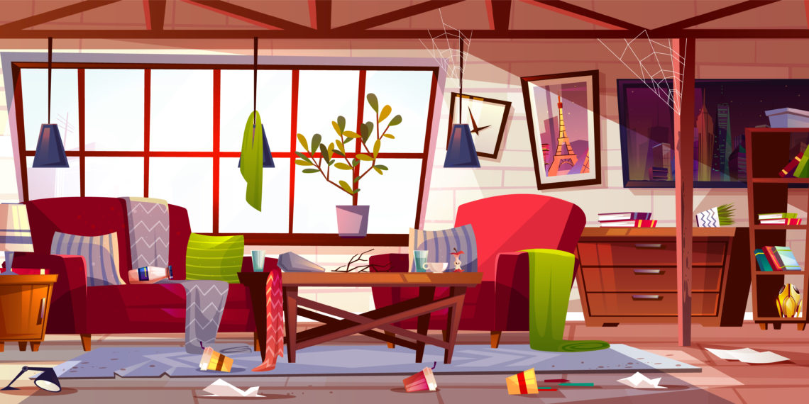Messy living room with dirty dishes on table, spider web on ceiling and clothes scattered on stained carpet cartoon vector illustration. Household chaos, home cleaning time or bad tenant concept