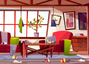 Messy living room with dirty dishes on table, spider web on ceiling and clothes scattered on stained carpet cartoon vector illustration. Household chaos, home cleaning time or bad tenant concept