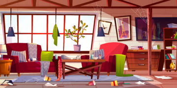 Messy living room with dirty dishes on table, spider web on ceiling and clothes scattered on stained carpet cartoon vector illustration. Household chaos, home cleaning time or bad tenant concept