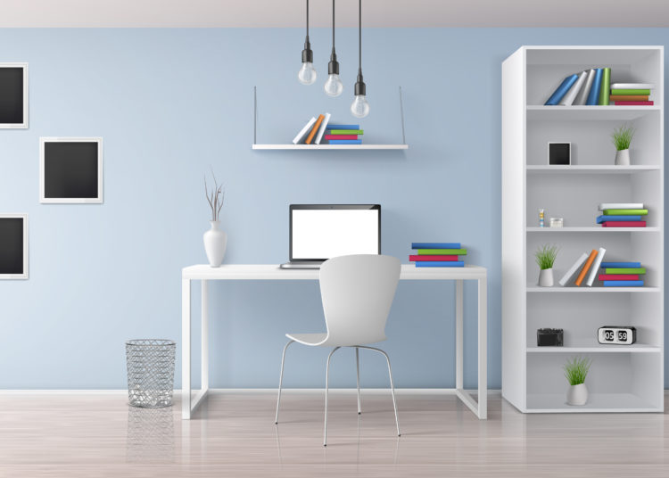 Home workplace, modern office room sunny, minimalistic style interior in pastel colors realistic vector with white furniture, laptop on desk, rack and bookshelves, photo frames on wall illustration