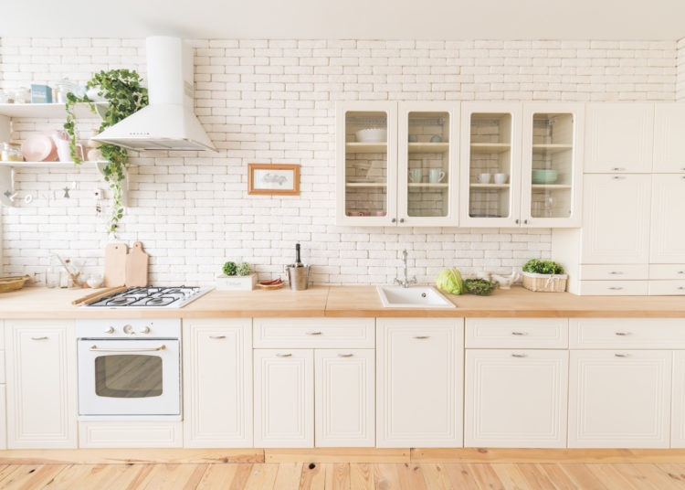 interior of modern luxury grey and white wooden kitchen