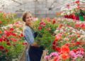 Woman in a greenhouse. Lady works with flowerpoots. Girl in a black apron.