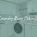 Modern laundry room with sleek white cabinets, organized shelves with detergent bottles and folded towels, bright lighting, clean and tidy space, realistic.