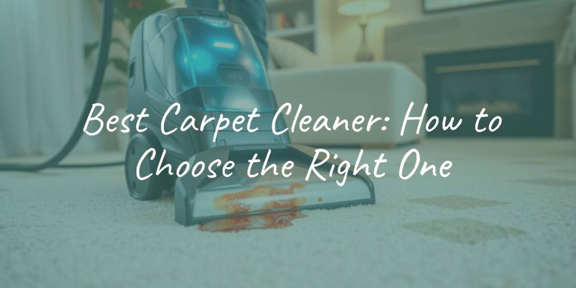 A modern carpet cleaner machine in action on a living room carpet, removing stains, realistic, bright lighting.