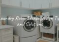 Modern laundry room with washer and dryer, stylish storage solutions, bright and cheerful colors, clean and organized space, cozy vibe, realistic.