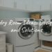 Modern laundry room with washer and dryer, stylish storage solutions, bright and cheerful colors, clean and organized space, cozy vibe, realistic.