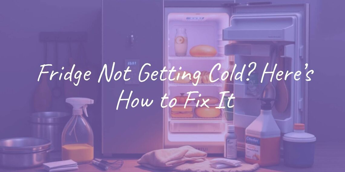 A modern refrigerator with the door slightly open, showing warm food inside, tools and cleaning supplies nearby, realistic style.