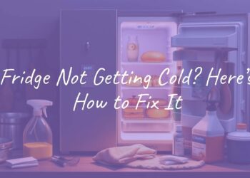 A modern refrigerator with the door slightly open, showing warm food inside, tools and cleaning supplies nearby, realistic style.