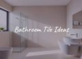 Modern bathroom tiles, sleek and stylish, neutral tones, clean and spacious, natural light, realistic.