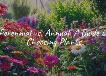 A vibrant garden with a mix of perennial and annual plants, colorful flowers, lush greenery, natural light, serene and inviting atmosphere, realistic.