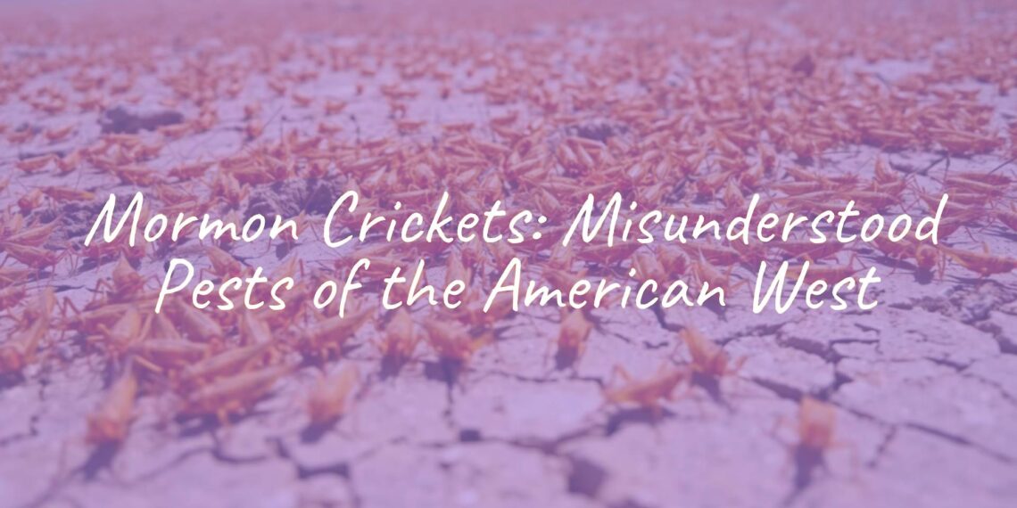 A swarm of Mormon crickets (Anabrus simplex) crawling on dry ground in the American West, realistic, close-up view, vibrant colors, sunny day.