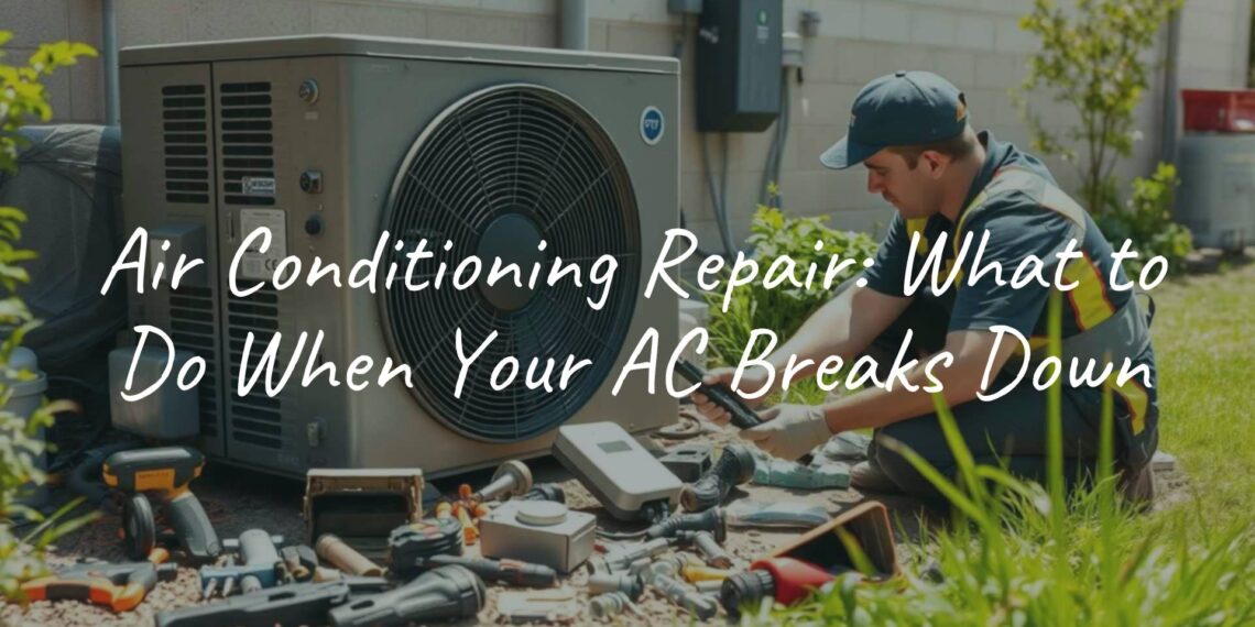 A technician repairing an air conditioning unit, summer heat, tools and parts on the ground, realistic style.