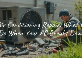A technician repairing an air conditioning unit, summer heat, tools and parts on the ground, realistic style.