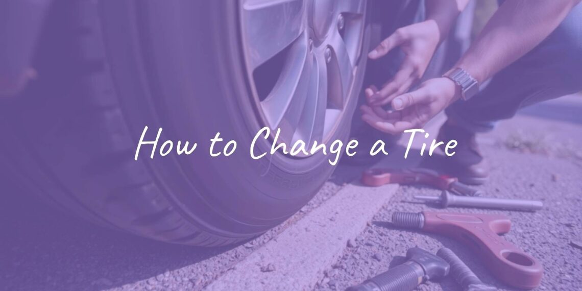 Close-up of hands changing a car tire on the roadside, spare tire and tools scattered around, realistic, daytime.