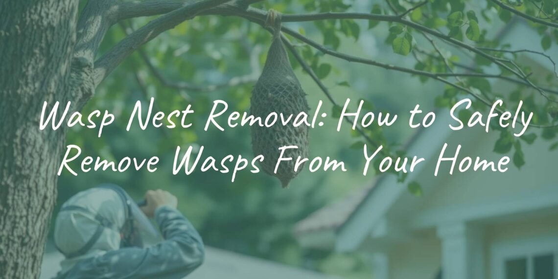 A wasp nest hanging from a tree near a house, with a safe removal process being demonstrated, realistic.