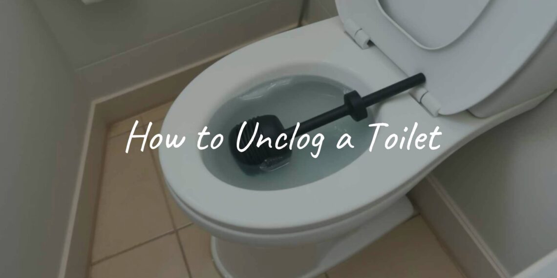 A clogged toilet with rising water, plunger nearby, realistic bathroom setting.