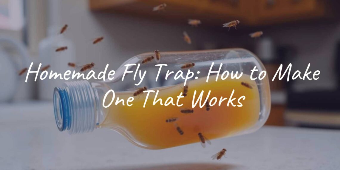 DIY homemade fly trap made from a plastic bottle, filled with sweet liquid, flies buzzing around, kitchen background, realistic.