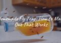 DIY homemade fly trap made from a plastic bottle, filled with sweet liquid, flies buzzing around, kitchen background, realistic.