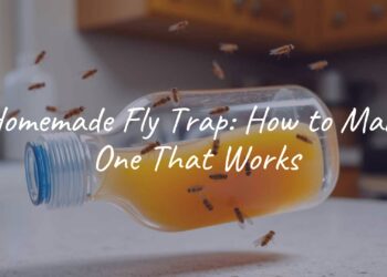 DIY homemade fly trap made from a plastic bottle, filled with sweet liquid, flies buzzing around, kitchen background, realistic.