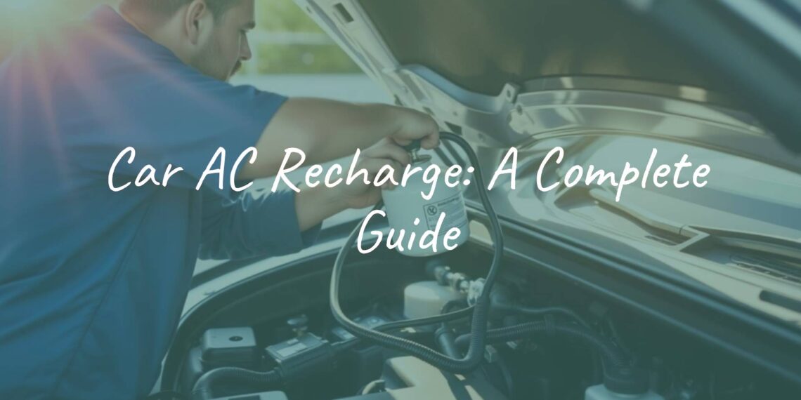 A modern car with an open hood, mechanic recharging the AC system, focusing on refrigerant canister and hoses, summer sunlight, professional and technical vibe, realistic style.