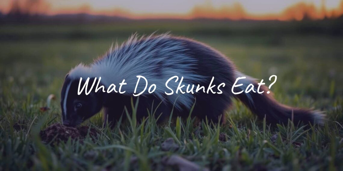 A black-and-white skunk digging for food in a grassy field at dusk, realistic.