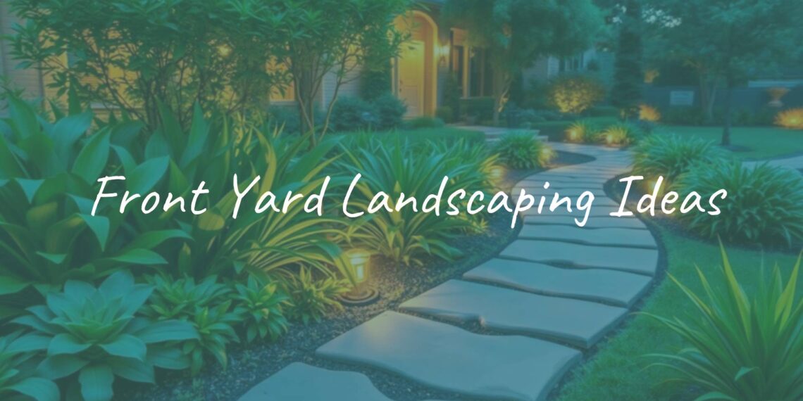 Beautiful front yard landscaping with green plants, stone pathway, and cozy lighting, welcoming and inviting, hyperrealistic.