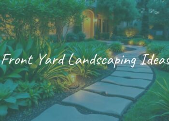 Beautiful front yard landscaping with green plants, stone pathway, and cozy lighting, welcoming and inviting, hyperrealistic.