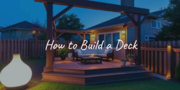 A beautifully constructed wooden deck in a backyard, with a cozy seating area, potted plants, and ambient lighting, under a clear blue sky, realistic style.