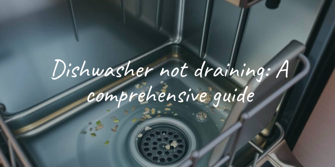 A modern dishwasher with standing water inside, showing visible food debris and a clogged drain, realistic kitchen setting.