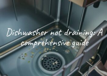 A modern dishwasher with standing water inside, showing visible food debris and a clogged drain, realistic kitchen setting.